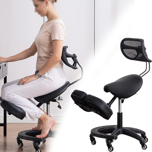 Ergonomischer Sattel-Kniestuhl mit Rückenlehne, 360° drehbar, mobiler Haltungshocker für Bürokomfort