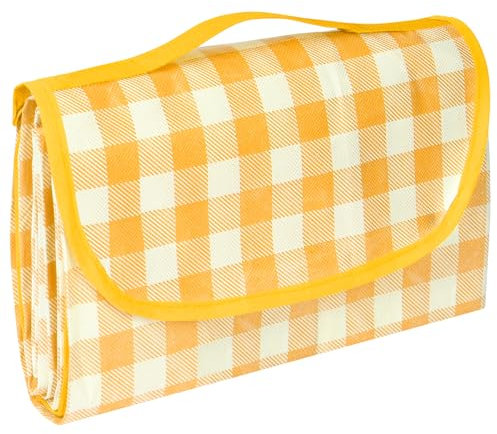 AYBUY Picnic Blanket,Extra Large Tartan Picnic Mat With Carrying Handle Foldable and Portable 150CM X 200CM,Picnic Camping Blanket for Camping, Park, Garden, Beach, Outdoor,Yellow and White Grid