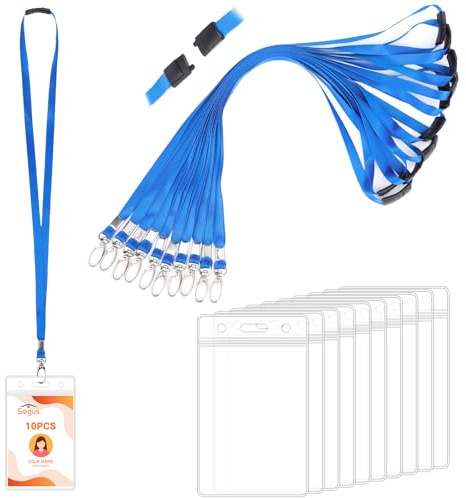 Segus Schlüsselband Blau, 10 Stück Kartenhülle mit Band, Schlüsselband mit Sicherheitsverschluss, Wasserdichte Ausweishülle mit Band, für Büro, Schulen, Krankenhaus (Vertikale)