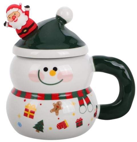 GLEAVI Weihnachts Keramikbecher mit Deckel: Schneemann Weihnachten Kaffeetasse mit Löffel - Kreatives Teetasse für Adventskalender Füllun