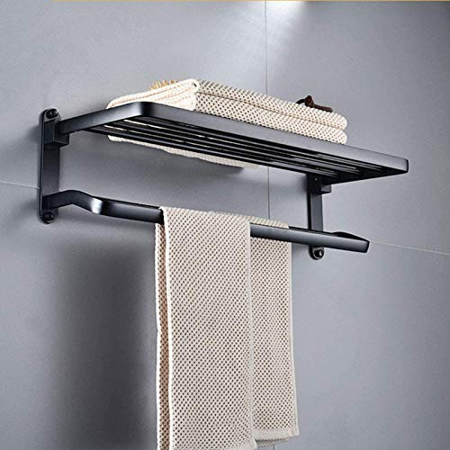 Black Double-Layer Folding Towel Rack Movable Wall-Mounted Towel Rail with Dual Rods & Shelf for Bathroom - Space-Saving Bathroom Storage Solution