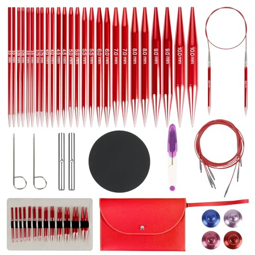 Rundstricknadeln Set Austauschbar, 13 Paar Rundstricknadeln mit Tasche und Zubehör, 13 Nadeldurchmesser 3–10 mm, 4 Längen Verstellbar 40–100 cm, Aluminium Häkelnadel Set (Rot)