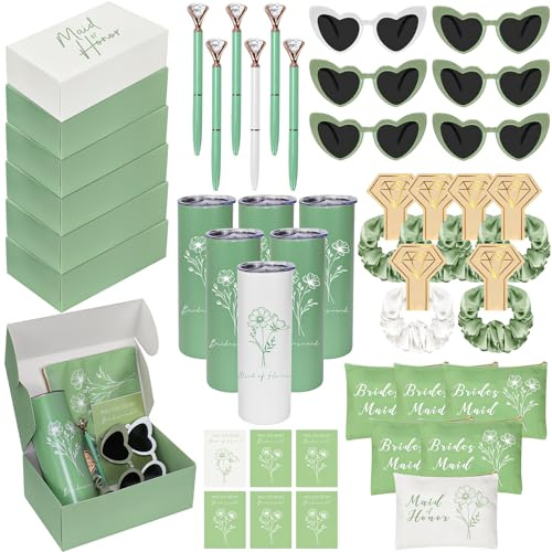 42 Pcs Bridesmaid Proposal Gifts Bridal Shower Gifts Cosmetic Makeup Bags and Boxes Patterned Water Bottles Bride Sunglasses Scrunchies Hair Diamond Pens Invited Cards Favors for Wedding, Bridal Show