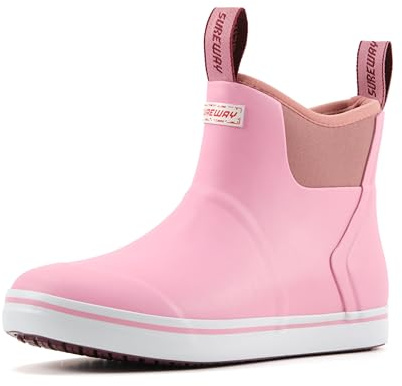 SUREWAY Women's Ankle Fishing Deck Boots for Women,Short Waterproof Neoprene Rubber Rain Boots,Lightweight Garden Work Shoes for Women,Upgraded Slip Resistant,New Pink,Size 9
