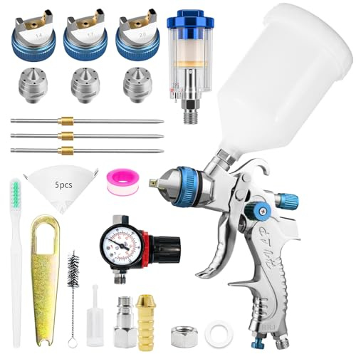 HVLP Professionnel Pistolet à Peinture avec 3 Buses 1,4/1,7/2,0mm Coupelle 600cc Régulateur Alimentation par Gravité kit de pulvérisation, HVLP Meubles de Voiture Pistolet de réparation (Bleu)