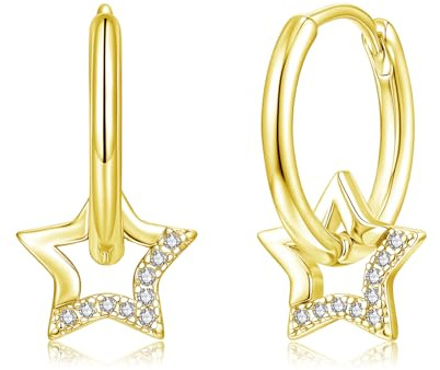 Cangall Silver Drop Hoop Earrings for Women, 925 Sterling Silver Star & Moon & Sun Dangle Hoop Earrings, Minimalist Hypoallergenic Small Cute Cartilage Sleeper Silver Huggie Earrings for Teen Girls