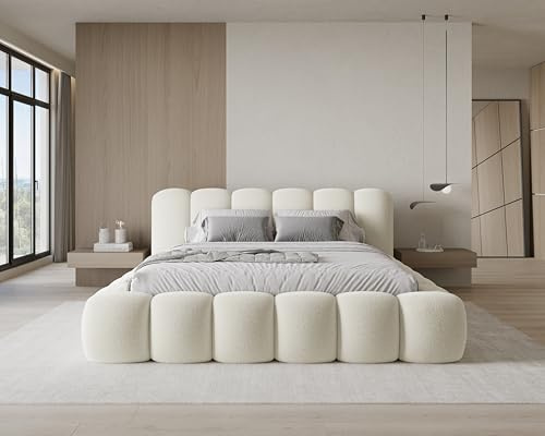 Chilly. Möbel Design Bett Stone - Polsterbett 200x200 mit Bettkasten, Lattenrost und Kopfteil - Eleganter Bouclé-Stoffbezug Beige