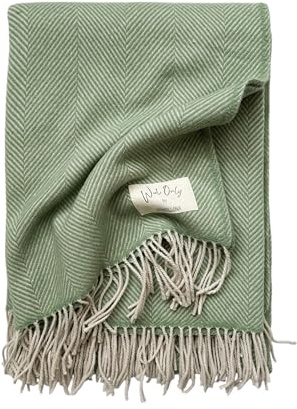 JOWOLLINA X WoolOnly Wolldecke Plaid mit Natur-Fransen 130x180 cm, Herringbone (Mint)