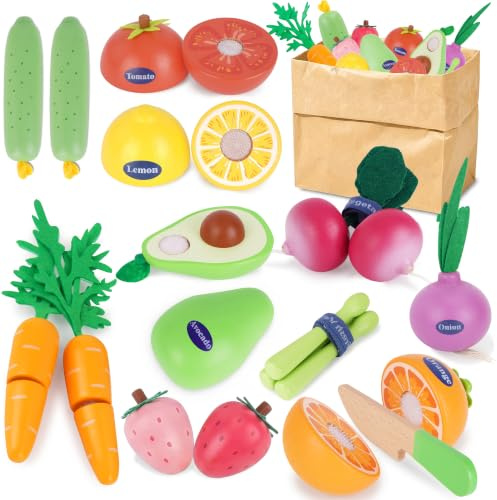 Melofaver Holzspielzeug Obst Gemüse, Kinderküche Spielküche Zubehör Holz | Schneiden Obst Gemüse Lebensmittel Holz mit Aufbewahrungstasche, Rollenspiele Geschenk für Kinder Junge Mädchen ab 3 4 5 Jahr