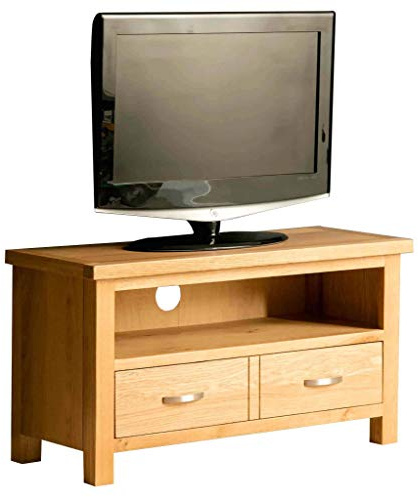 RoselandFurniture London Oak Small TV Unit | 90 cm Solid Wood Light Oak Television Cabinet Stand Suitable for TVs up to 40 inches for Living Room or Bedroom, Fully Assembled