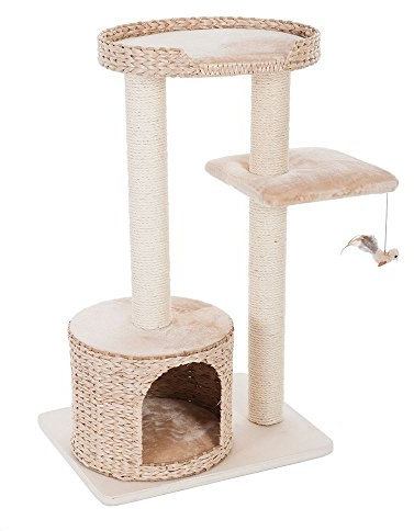 zooplus Arbre à chat Natural Home II - En jacinthe d'eau - Plaque de fond en bois véritable non traité - Grotte douillette et plateforme d'observation - Troncs en sisal de 9 cm de diamètre - Convient
