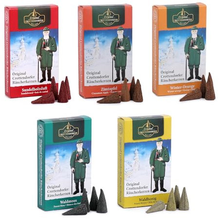 Crottendorfer Räucherkerzen 5er Pack Mix: Sandelholz, Wald Honig, Wald Moos, Zimt-Apfel & Winter Orange - Für Räuchermännchen, Räucherhäuschen & Räucherhaus – ca. 15 Min. Brenndauer pro Räucherkegel