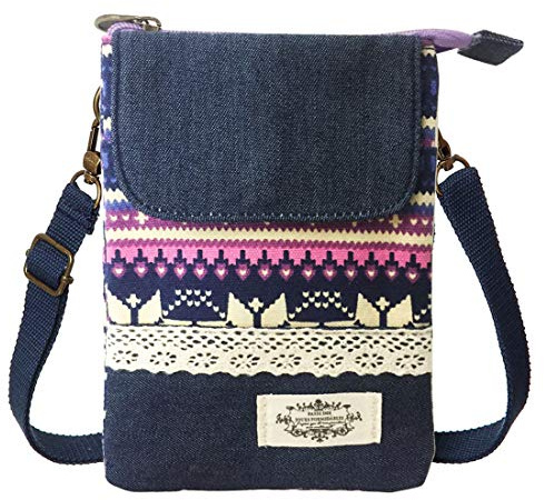LassZone Small Crossbody Bag for Women Canvas Mobile Phone Bag Ladies National Pattern Handbags Girls Mini Shoulder Bags Wallet Purse Coin Pouch