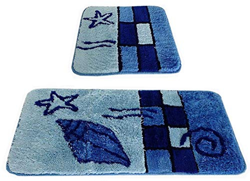 S&S-Shop Badematte Set | blau | Hamburg | 2 teilig | rutschfest | WC-Vorleger 50 x 45 cm | Badvorleger 50 x 90 cm | Badteppich | Teppich | Bad | Badezimmer