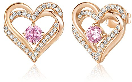 CDE Ohrringe für Damen 925 Sterling Silber Rosegold Geschenk für Sie Forever Love Herz Geburtsstein Frauen Ohrstecker Schmuck Valentinstag Weihnachten Muttertag Geburtstags Hochzeits Jubiläum