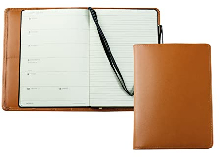 DELMON VARONE - Personalisierbares Kalenderbuch 2027 DIN A5 Boxcalf Leder braun - Organizer Wochenplaner (1 Woche 1 Seite) - Buch-Kalender Wochenübersicht - Notizbuch Planer mit Stiftschlaufe