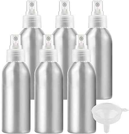ZEOABSY Pack of 6 Empty 50ml Silver Aluminium Spray Bottle Refillable Aluminum Bottles with Clear Fine Mist Sprayer Metal Spray Bottles for Perfume Hair Garden Travel, Funnel