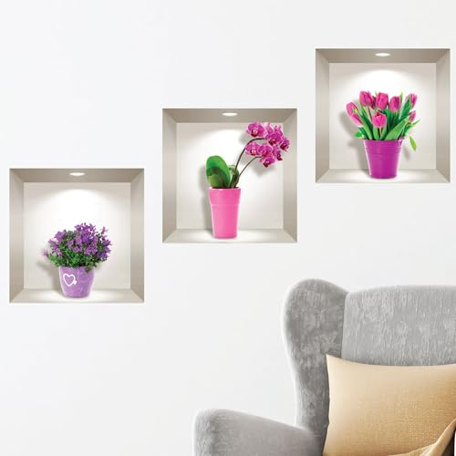 Ambiance Sticker adhésifs 3D | Sticker Mural Autocollant effet 3D tulipes, orchidées et agapanthus - Chambre - 3D - Déco Salon - Autocollants muraux Trompe l'oeil | 40x120cm