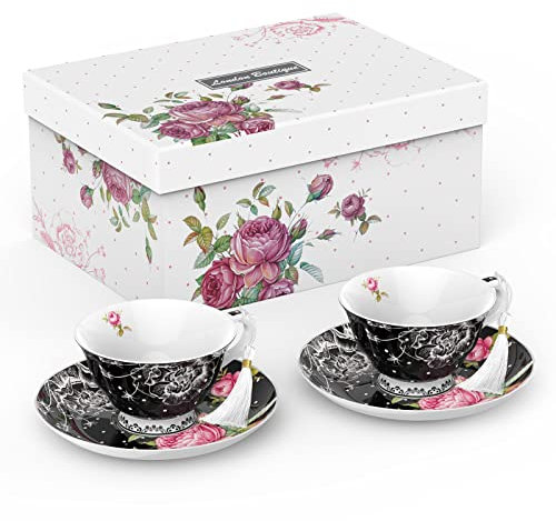 London Boutique Tea Cup and Saucer Set 2 Afternoon Tea Set New Bone China Vintage Flora Gift Box 200m (Black)