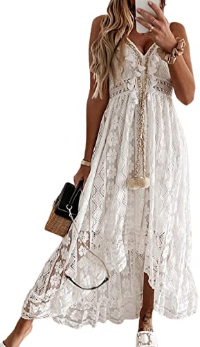CUPSHE Robe d'été pour Femme Boho Maxi à Lacets avec Pompon col en V évasé à Volants Robes de Plage Blanc L