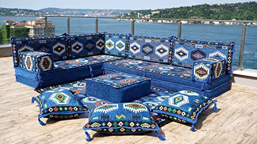Blaues arabisches Bodensofa, traditionelles arabisches Sofa, orientalische Bodenbestuhlung, Bodenkissen, Hookah Lounge, Sofabezüge, Sofa Vintage, Sofa Decken, Sofa Zweisitzer (L Sofa Komplettset)
