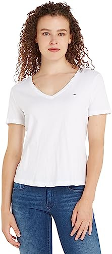 Tommy Jeans Mujer Camiseta Manga Corta TJW Slim Soft Cuello de Pico, Blanco (White), L