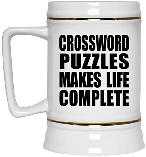 Designsify Gifts, Crossword Puzzles Makes Life Complete, 22oz Beer Stein Ceramic Tankard Mug with Handle for Freezer - for Birthday Anniversary Christmas Mothers Day Fathers Day Party, to Men Women