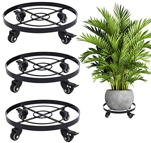 BAOYOUNI 4 Stück Pflanzenroller Rund aus Metall Blumenroller Pflanze Caddy mit Rädern Blumentopf Ständer Pflanzenständer für Innenbereich Außenbereich Haus und Garten, Durchmesser 36cm, Schwarz