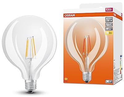 Osram LED-Lampen, klassische Ballform, 60 Watts Ersatz, E27, G125, 2700 Kelvin, Warm weiß, Klares Glas, single Pack, Warmweiß