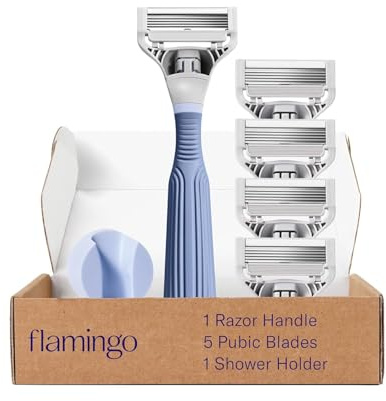 Flamingo Pubic Hair Razor for Women, Shaving Kit, 1 Pubic Razor Handle, 4 Five-Blade Refills, 1 Shower Holder, Starter Set, Full Kit