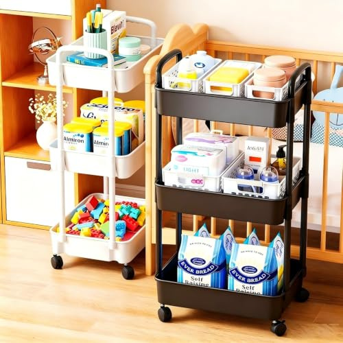 Multibao 3 Tier Storage Trolley Cart on Wheels with Handle Kitchen Bathroom Laundry Narrow Space Rack Space-Saving Mobile Shelving Organizer L35cm x W24cm x H68cm (Black)