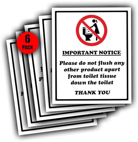 Do Not Flush Sanitary Products, Wipes Down Toilet - 6 Pack - Waterproof Vinyl Toilet Sticker Sign
