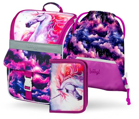 Baagl Cartable garçon fille ensemble 3 pièces - Sac d'école Zippy pour 1ère classe - Cartable primaire avec sangle de poitrine - Sac à dos d'école ergonomique, Licorne royale, Breite: 28 cm, Höhe: 37