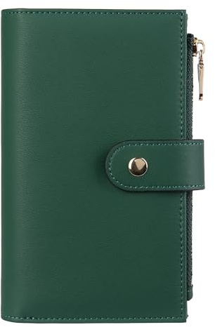 YJ-NEFELI Portefeuille pour femme en cuir RFID avec porte-cartes de crédit à trois volets pour femme, porte-monnaie de taille moyenne avec porte-stylo, vert foncé, 6.5''x 4.2''x 1.4'', Décontracté