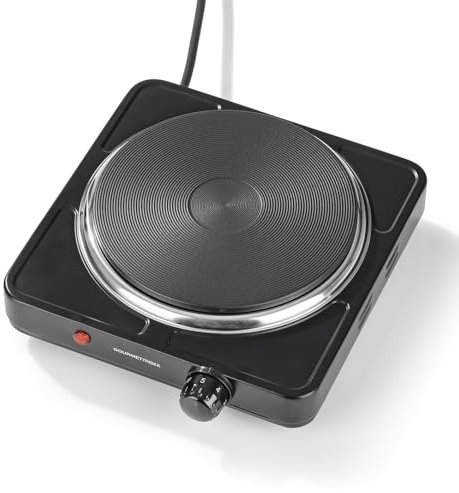 GOURMETmaxx Placa eléctrica compacta, 1500 W, regulación de la temperatura sin niveles, termostato integrado, luz de control, ideal para camping, oficina y cocinas pequeñas, para ollas de hasta 18,5