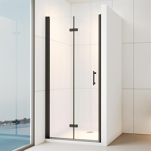 IMPTS Duschtür Schwarz 80cm Falttür Duschkabine Nischentür Duschfalttür Dusche 180° Duschwand Glas 6mm ESG-Sicherheitsglas NanoBeschichtung, Höhe 195cm
