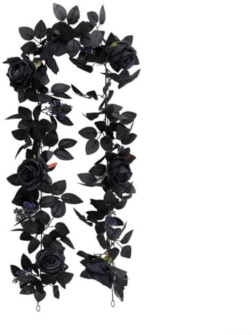 Honseadek Halloween-Rosengirlande, künstliche schwarze Rosenranke, Dekoration, Seidenrosen, Girlande, 1,5 m lange hängende Reben, Blumengirlande (E)