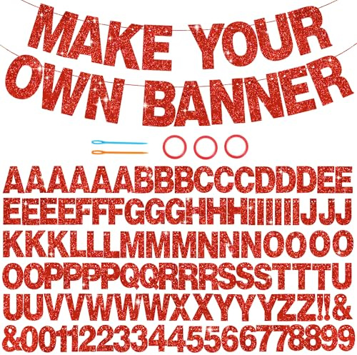 BEISHIDA 116 PCS A-Z Glitter Red DIY Letter Banner Kit Make Your Own Banner，Including 111 Letters and Numbers 3 Rope and 2 Threading Device,Customized for Birthday Graduation Anniversary Party Decor