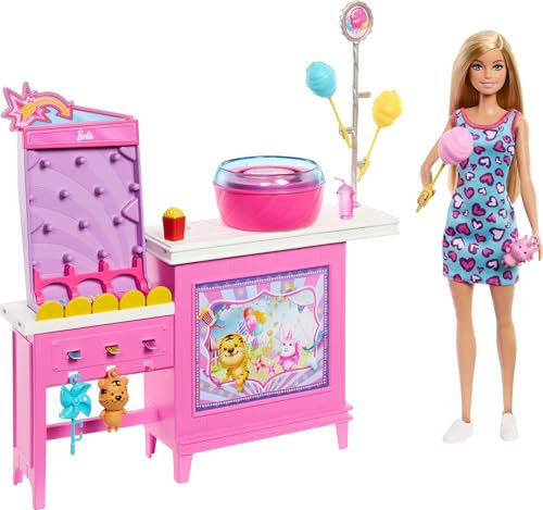 Barbie Mysteries: Beach Detectives Malibu” Doll & Cotton Candy Game Booth Playset with 20 Accessories Including Prizes, JFV67