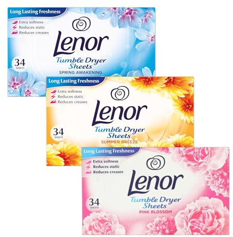 Lenor Tumble Dryer Sheets - 3 Pack Bundle with Spring Awakening, Summer Breeze & Pink Blossom Scents, 34 Per Pack | 102 Total