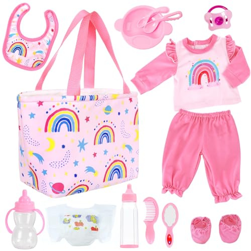 ZITA ELEMENT 13 Pcs Baby Diaper Bag and Baby Doll Clothes for 14-18 Inch Baby Dolls,Baby Doll Feeding and Caring Set Includes Doll Clothes, Diapers, Bottles, Pacifier, ,for Birthday Gift(No Dolls)