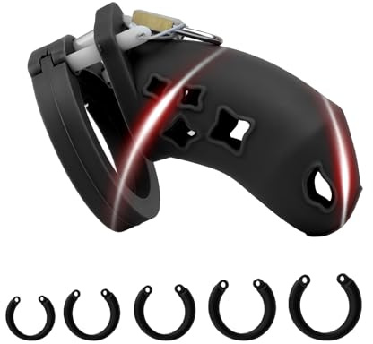 Cage Chastetée en Silicone Souple Cages de Chasteté avec 5 Anneaux de Tailles Différentes Sex Toýs Homme Chastity Cage avec Cadenas pour le Bondage SM des Pénis d'Hommes (C,Black)