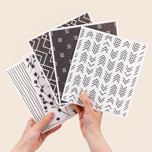 Mabor 5 Pcs Swedish Dishcloths for Kitchen Geometric Washable Dish Rags Reusable Cleaning Paper Towels Absorbent Counter Dish Cloth Kitchen