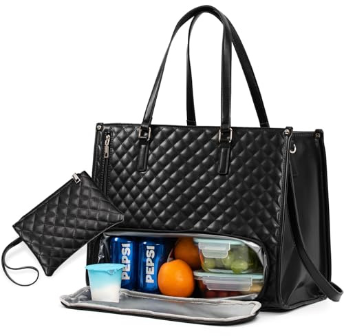 Arbeitstasche Damen mit Isolierted Lunch-Fach, Handtasche mit Laptopfach 15.6 Zoll, Groß Leder Tote Bag mit Kühlfach, Schultasche Laptoptasche mit Reißverschluss, Shopper Business, Schule, Schwarz