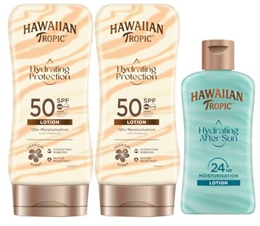 Hawaiian Tropic Hydrating Protection LSF 50 - schützende Sonnenlotion mit feuchtigkeitsspendenden Seidenbändern, Creme, 180 ml (2 Stück) + After Sun Hydrating Protection Reiseformat, 60 ml