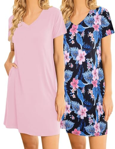 Ekouaer Set med 2 damnattskjortor, V-ringad, kortärmad, enkel blommig pyjamas, med fickor, S–2XL