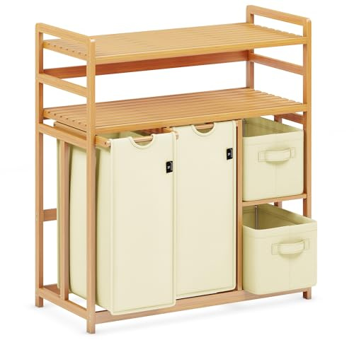 AdelDream Wäschekorb 140L, 4 Fächer Wäschesammler, 2 Ablagen, Bambus | Wäschesortierer mit 2 x 50L Säcken, 2 Stoffboxen, ausziehbar, Farbe Beige