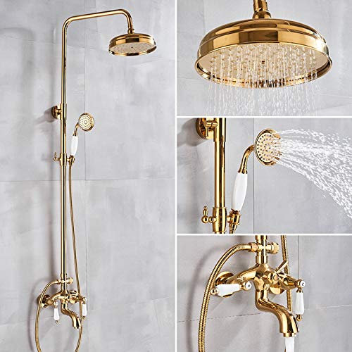 Gold Shower Faucet Set with 8 Rainfall Shower Head and Hand Shower Wall Mounted Bath Shower Mixer Tap for Bathtub Luxury Gold Shower System