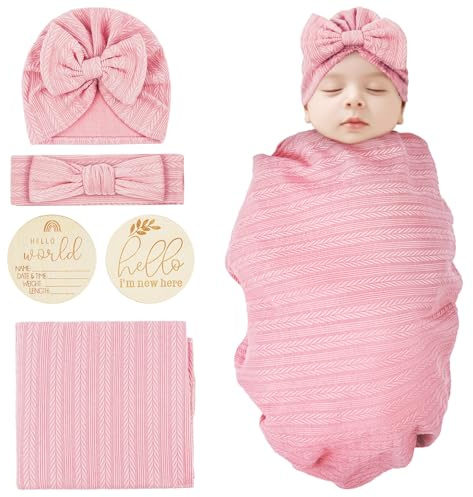 Vicloon Neugeborene Empfangsdecke, Neugeborene Swaddle Decke mit Stirnband Set, Decke Neugeborenen Swaddle, Neugeborenes Baby Schlafsack für Baby Boy Mädchen Schlafsack(Rosa)