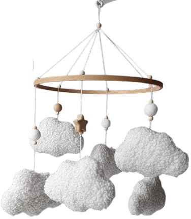 Bouclé Wolken Baby Mobile – Handgemachtes Mobile in Weiß & Creme – Neutrales Boho Design für Babyzimmer – Geschenk zur Geburt oder Babyparty – Dekoration fürs Kinderzimmer